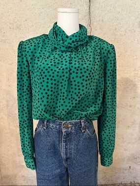 Vintage Green Polka Dot Blouse Jaclyn Smith High Neck Top 80s Statement Size 12